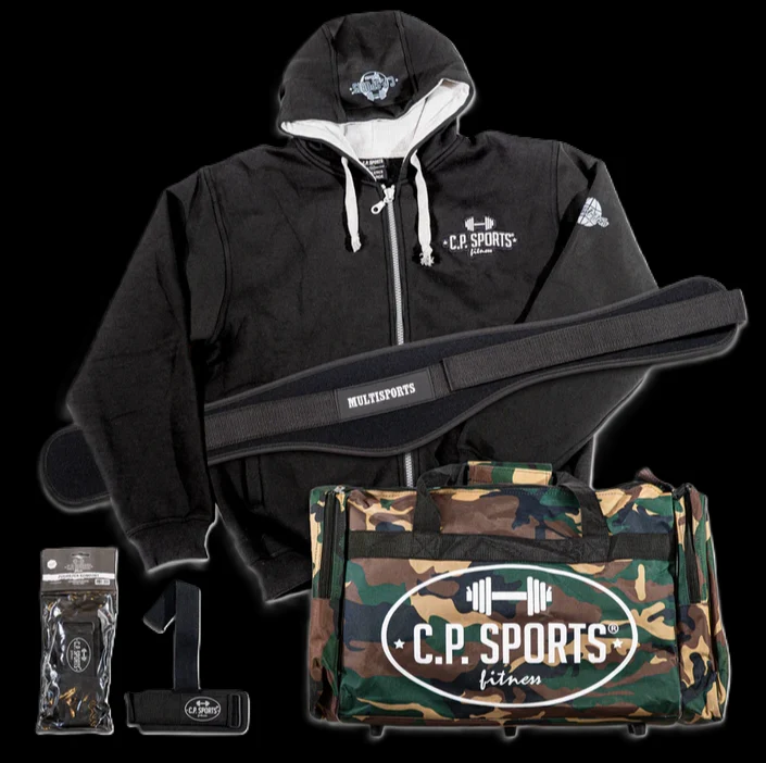 Ultimatives Fitnessbundle: Hoodie, Trainingstasche, Gewichthebergürtel, Zughilfen