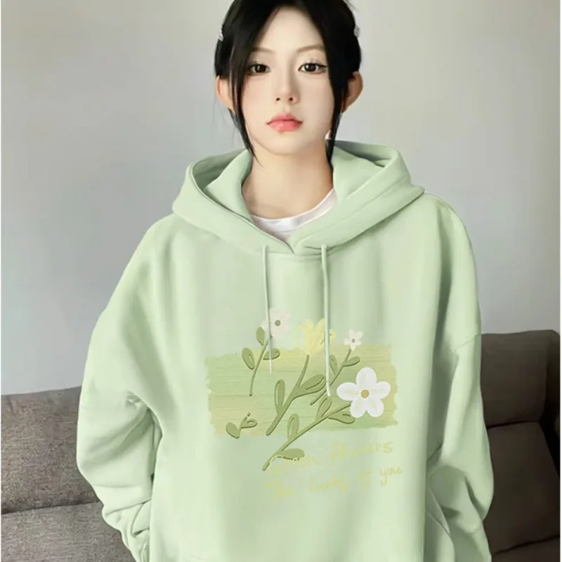 DAYIFUN Koreanischer Kapuzenpullover für Damen mit Tasche, herbstlich, hellgrün, Blumendruck, Sweatshirts, einfarbig, locker, lässig, übergroße Oberteile