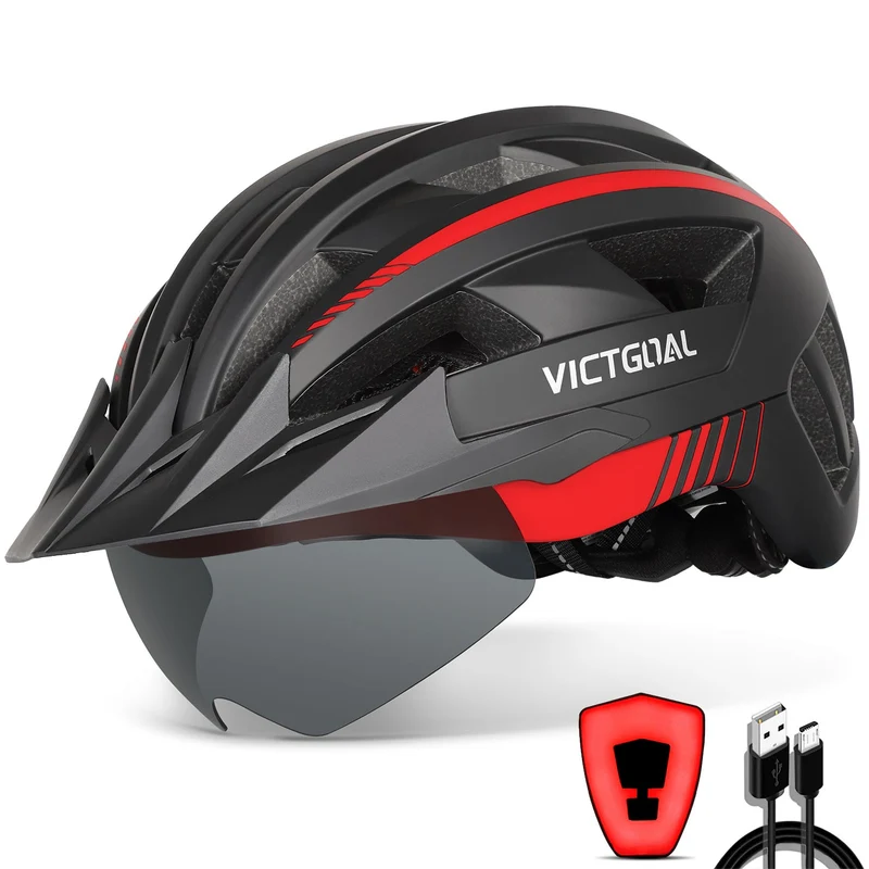 Bike Helmet with Magnetic Goggles, USB Rear Light & Visor