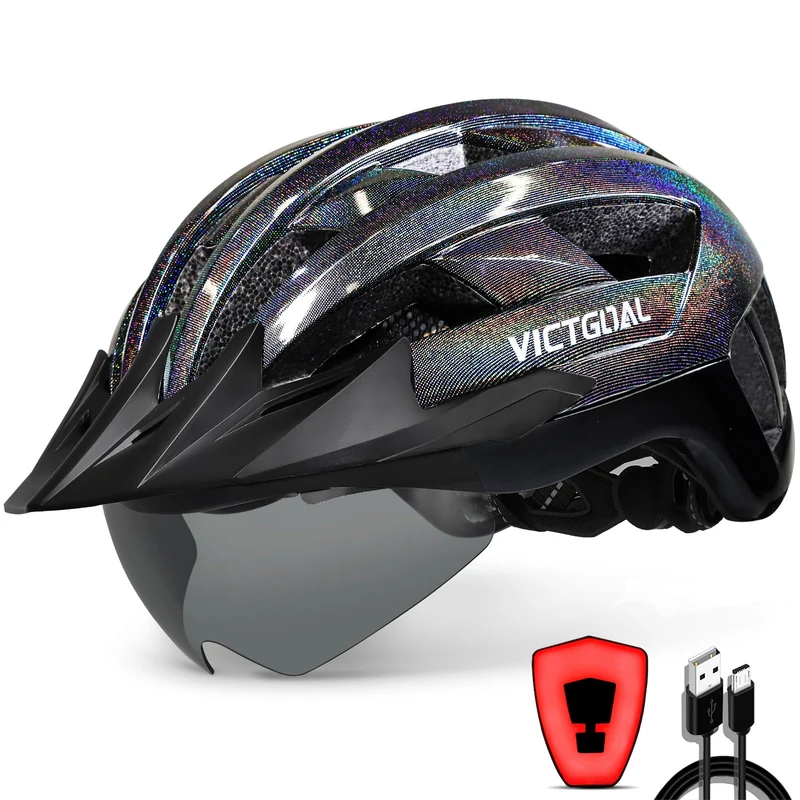 GLITTER Road Bike Helmet with Visor, Magnetic Goggles & LED Rear Light